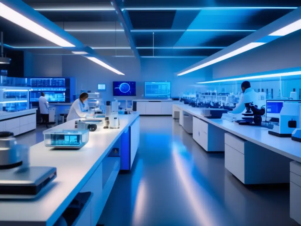 En el laboratorio moderno, científicos en bata blanca iluminados por una luz azul futurista, realizan experimentos