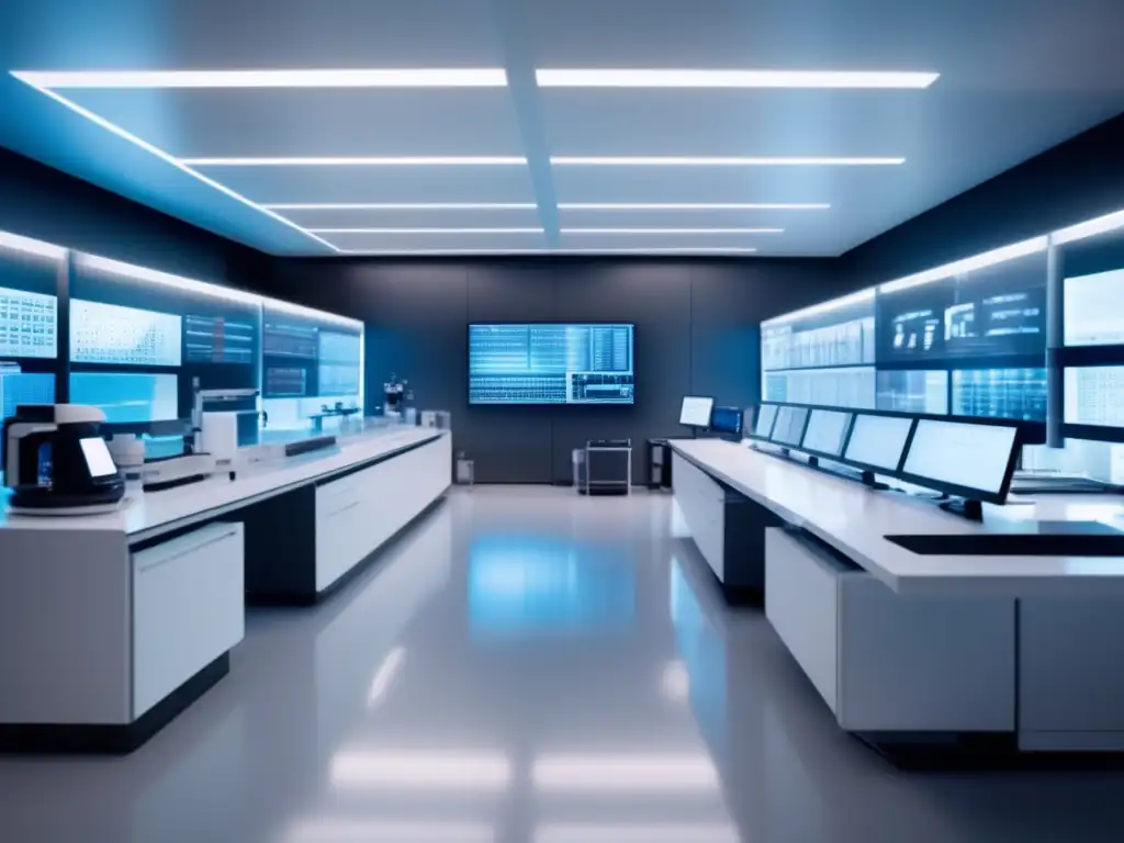En el laboratorio moderno, científicos en batas blancas analizan datos genéticos en pantallas digitales, rodeados de tecnología futurista