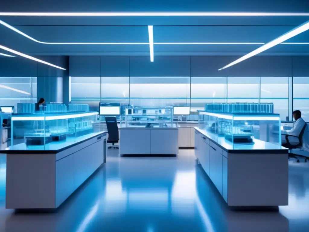 Un laboratorio moderno con científicos analizando datos genéticos y realizando experimentos para descubrimiento doble hélice ADN Watson Crick