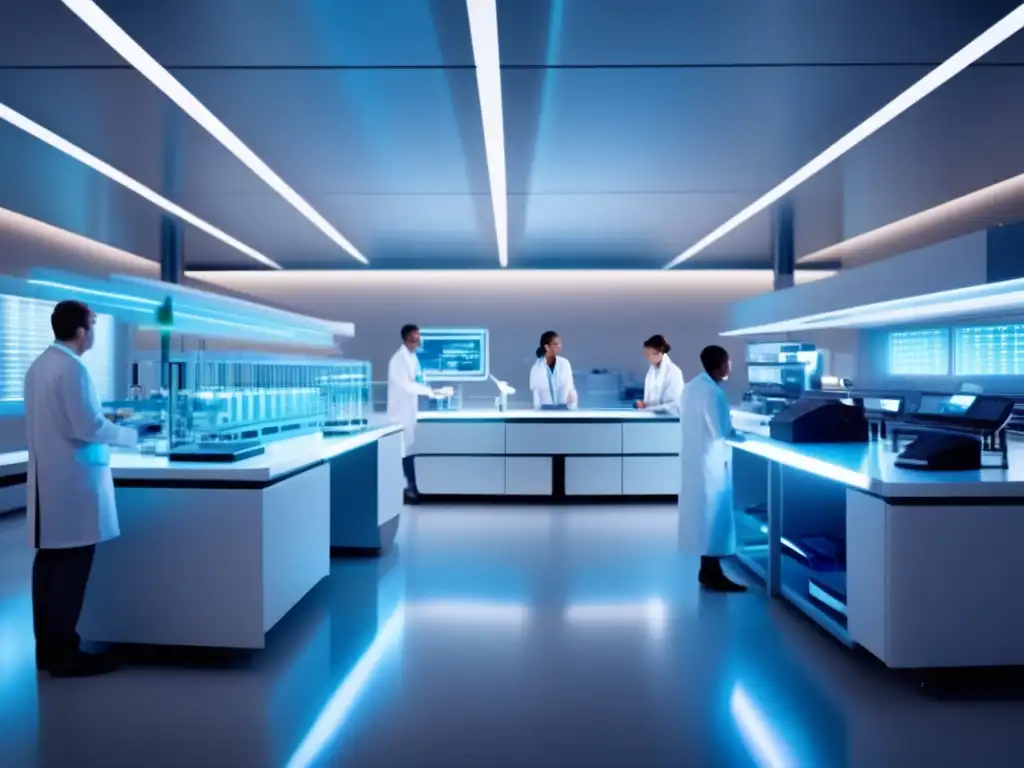 En un laboratorio moderno, científicos realizan experimentos bajo una iluminación futurista con equipos de secuenciación genética de vanguardia