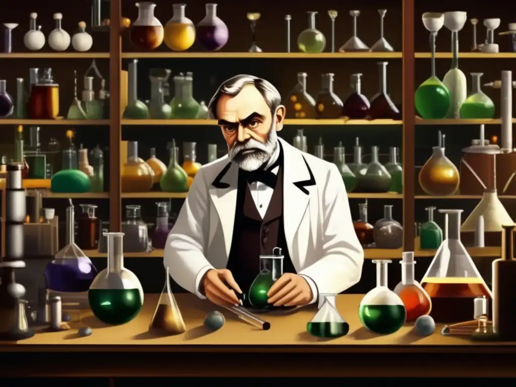 En un laboratorio moderno, Alfred Nobel mide con precisión nitroglicerina, concentrado en su contribución a la paz