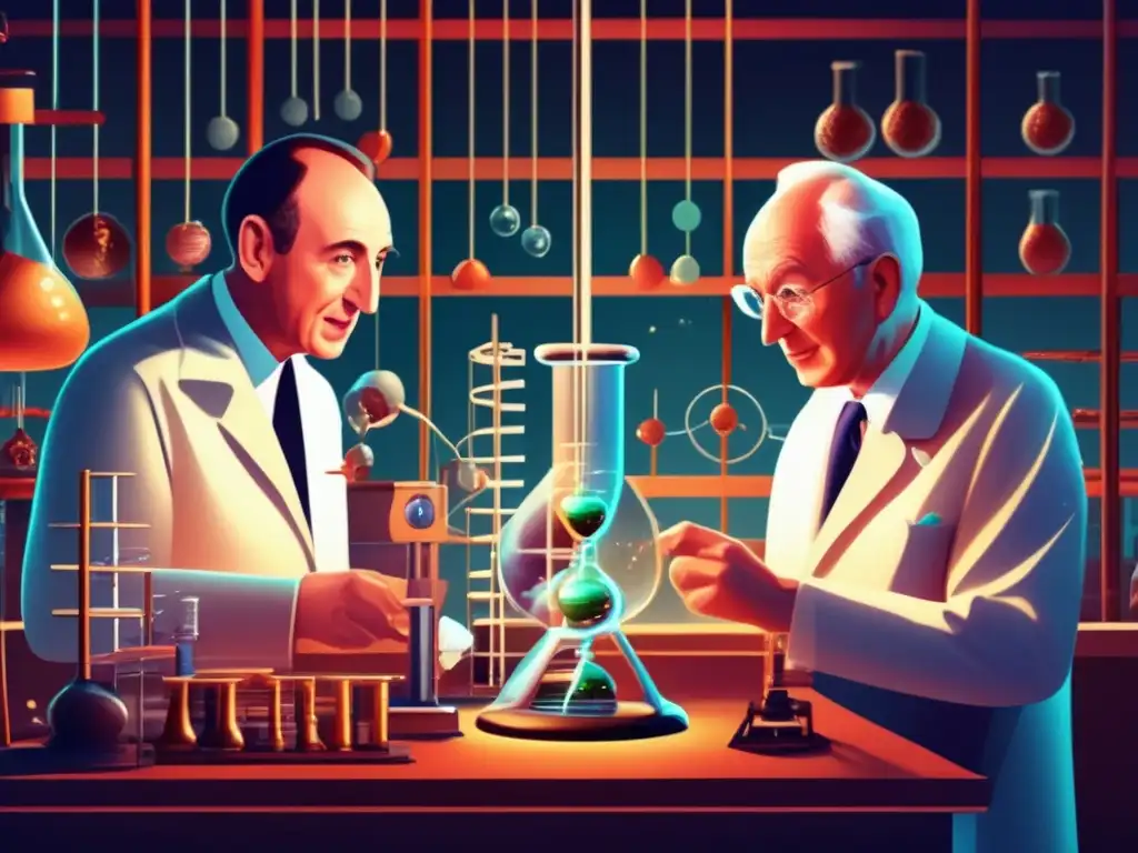 En un laboratorio moderno, James Watson y Francis Crick discuten intensamente mientras trabajan en su descubrimiento de la doble hélice del ADN