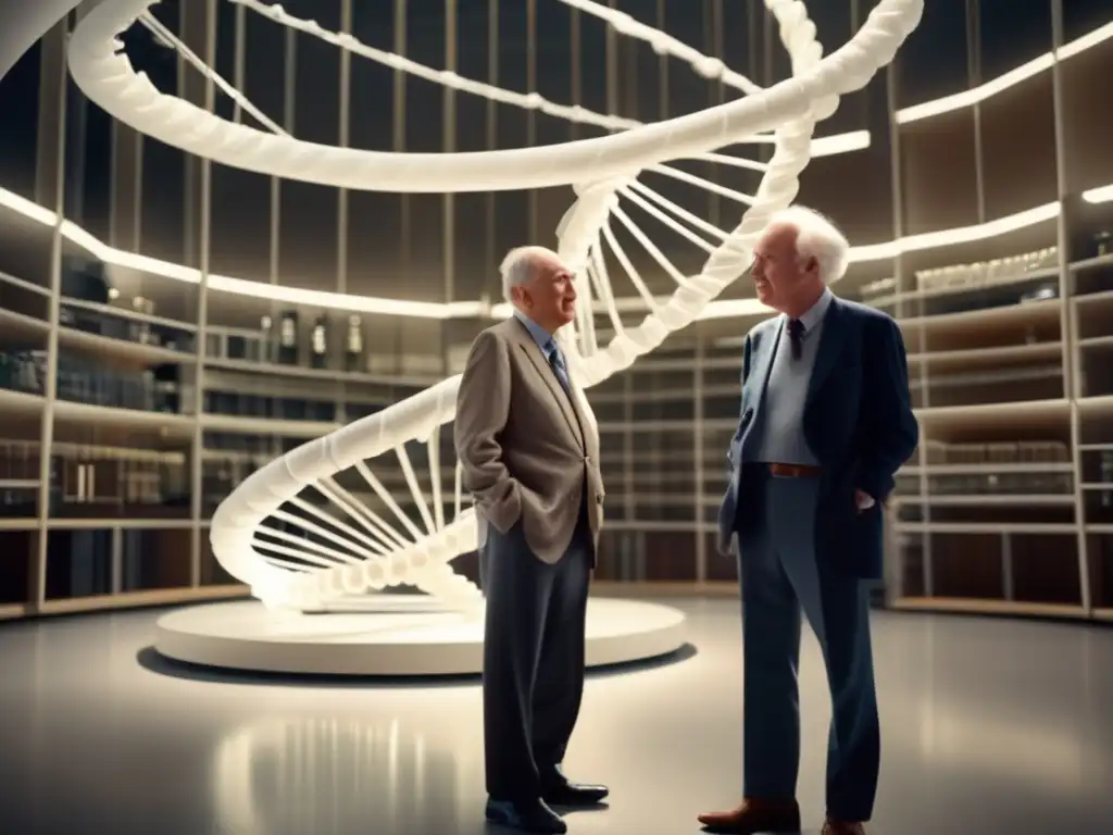 En un laboratorio moderno, Watson y Crick discuten el descubrimiento de la estructura del ADN