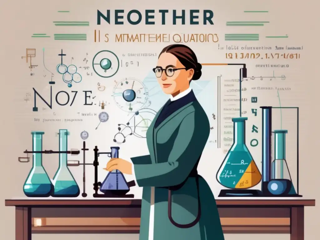 En un laboratorio moderno, Emmy Noether trabaja en ecuaciones matemáticas