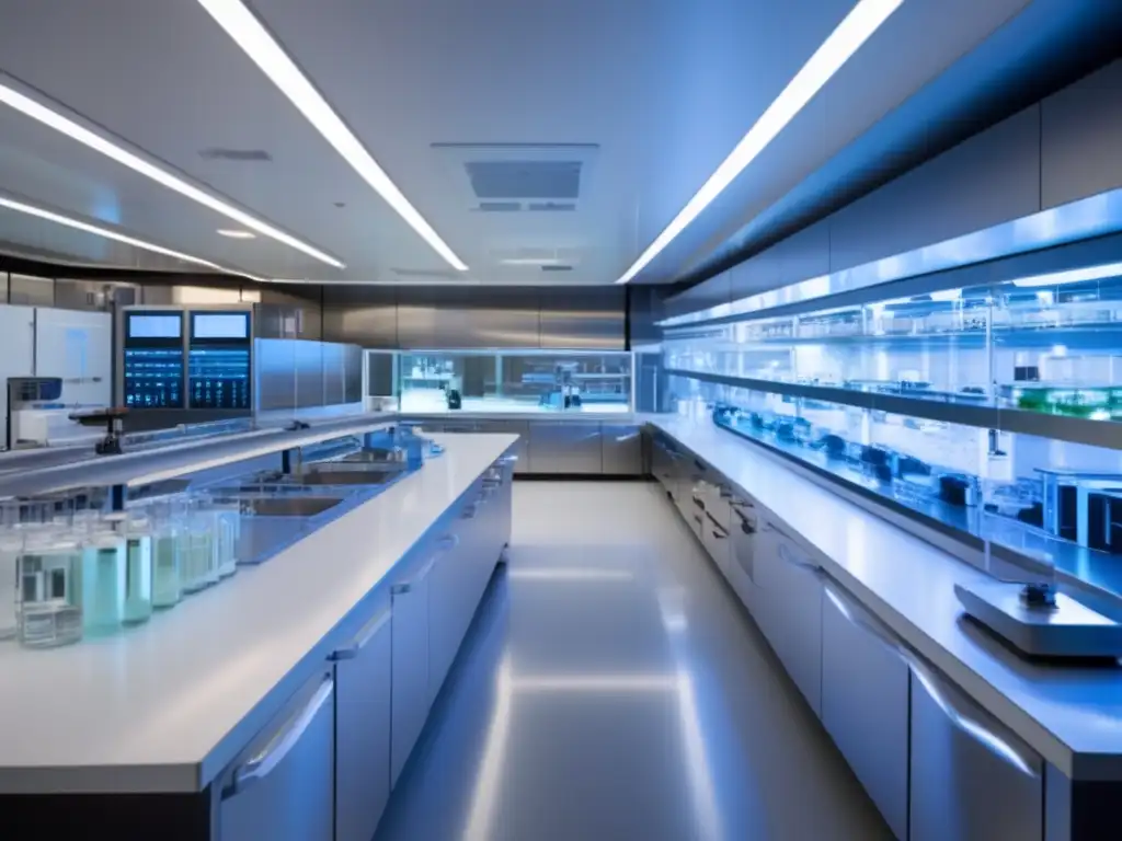 En un laboratorio moderno con equipos científicos, científicos trabajan bajo una luz azul