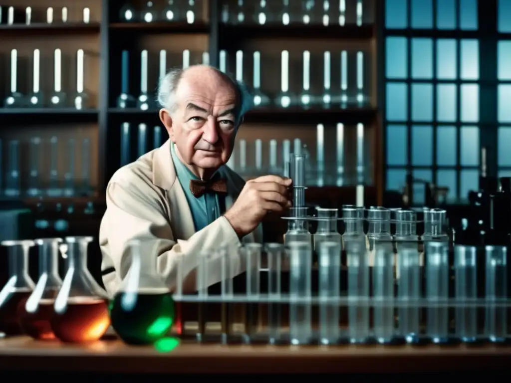 En un laboratorio moderno, Linus Pauling realiza experimentos, reflejando los avances en química