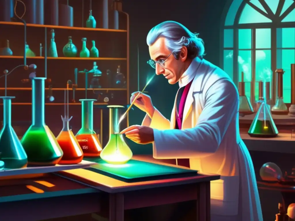 En el laboratorio moderno, Joseph Priestley realiza experimentos científicos con determinación y curiosidad, reflejando su espíritu pionero