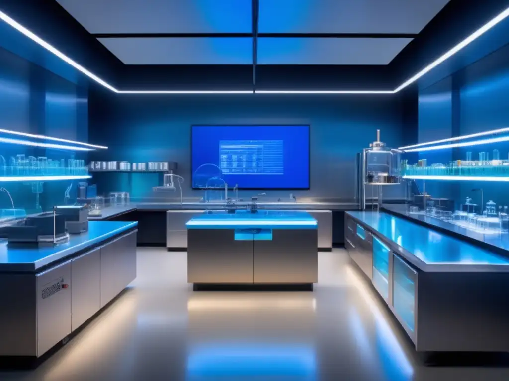 En el laboratorio moderno, un líquido azul brilla en una cámara de vidrio, mientras el retrato de Michael Faraday observa las innovadoras alquimias