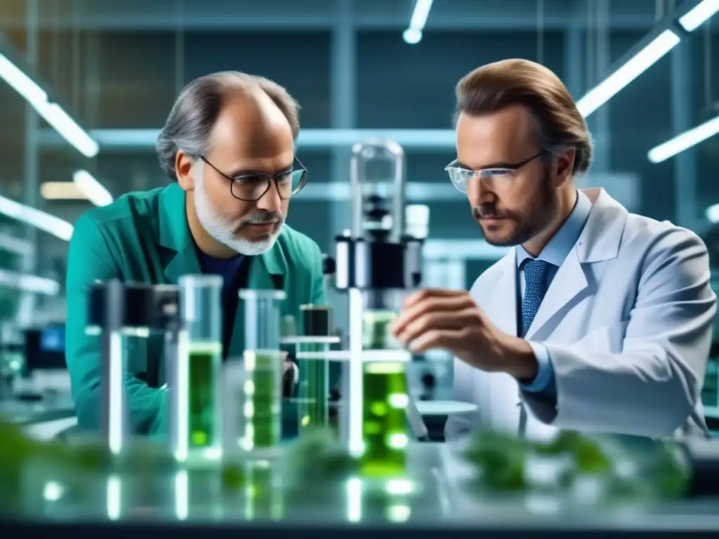 En un laboratorio moderno, Matthias Schleiden y Theodor Schwann discuten descubrimientos revolucionarios sobre células