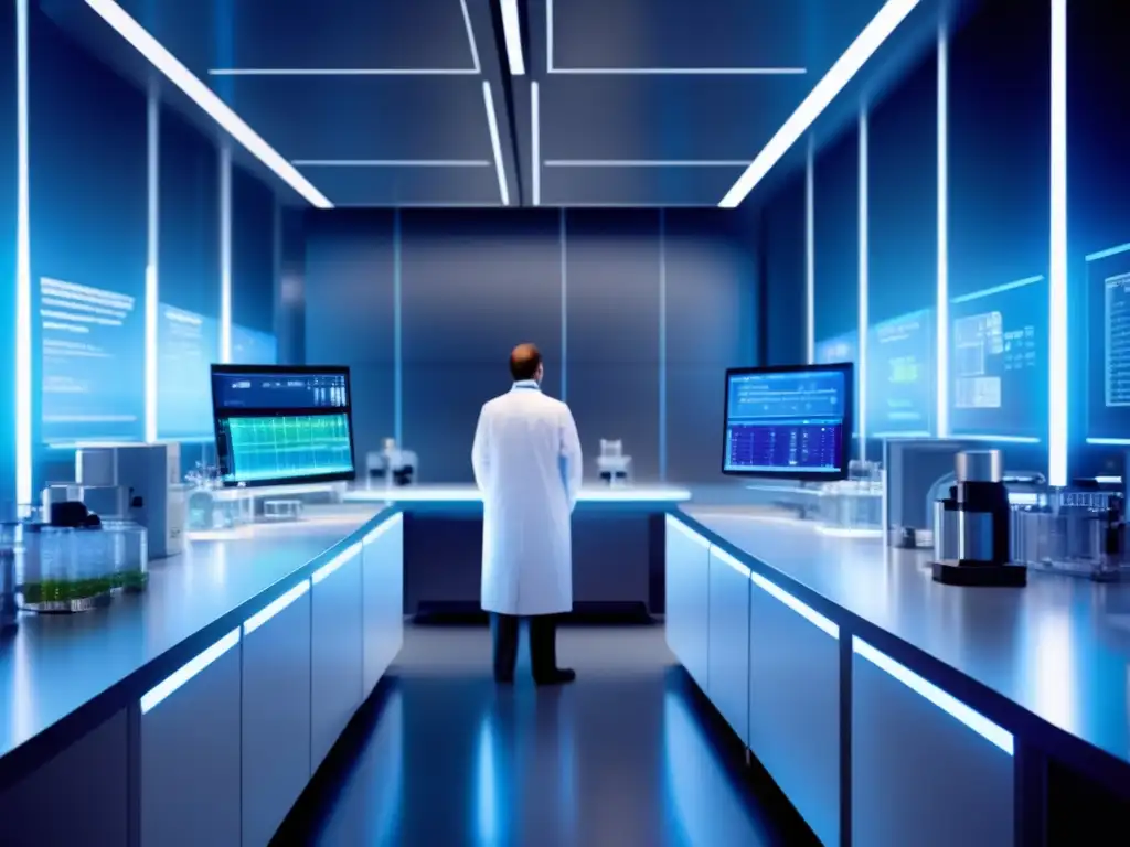 Un laboratorio moderno de investigación en fisión nuclear con científicos en batas blancas y tecnología avanzada