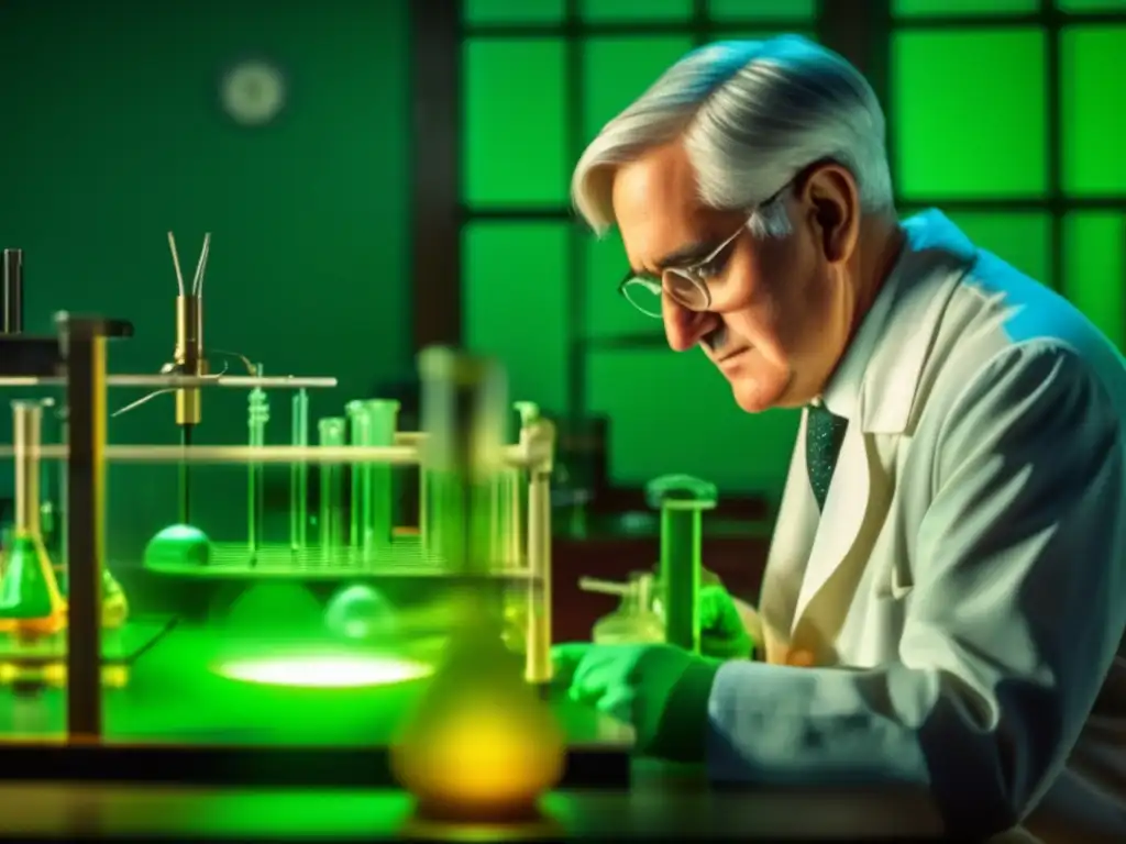 En el laboratorio, Alexander Fleming examina detalladamente el molde de penicilina, con intensidad en sus ojos