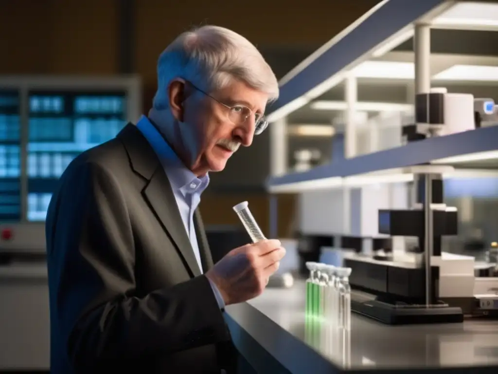 En el laboratorio, Francis Collins examina una muestra de ADN con determinación, rodeado de equipo de secuenciación genética avanzada