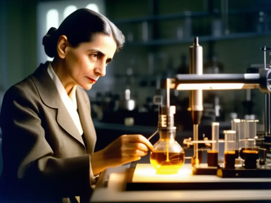En el laboratorio, Lise Meitner mide niveles de radiación con expresión concentrada