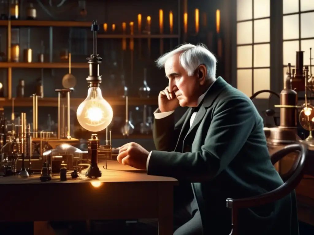 En el laboratorio, Thomas Edison trabaja en nuevos inventos importantes, con intensa concentración y un espíritu innovador