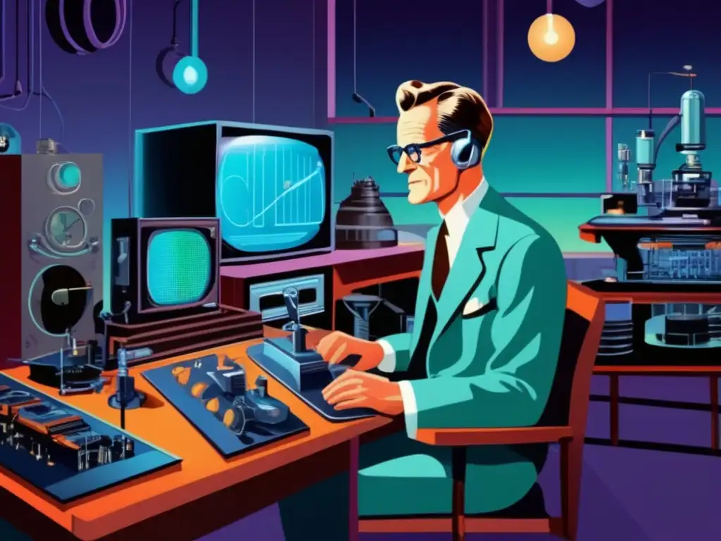 En su laboratorio, Philo Farnsworth, rodeado de equipo de televisión, irradia determinación e innovación