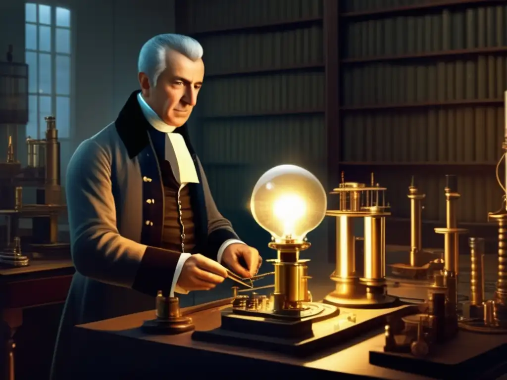 Alessandro Volta en su laboratorio, creando la pila voltaica