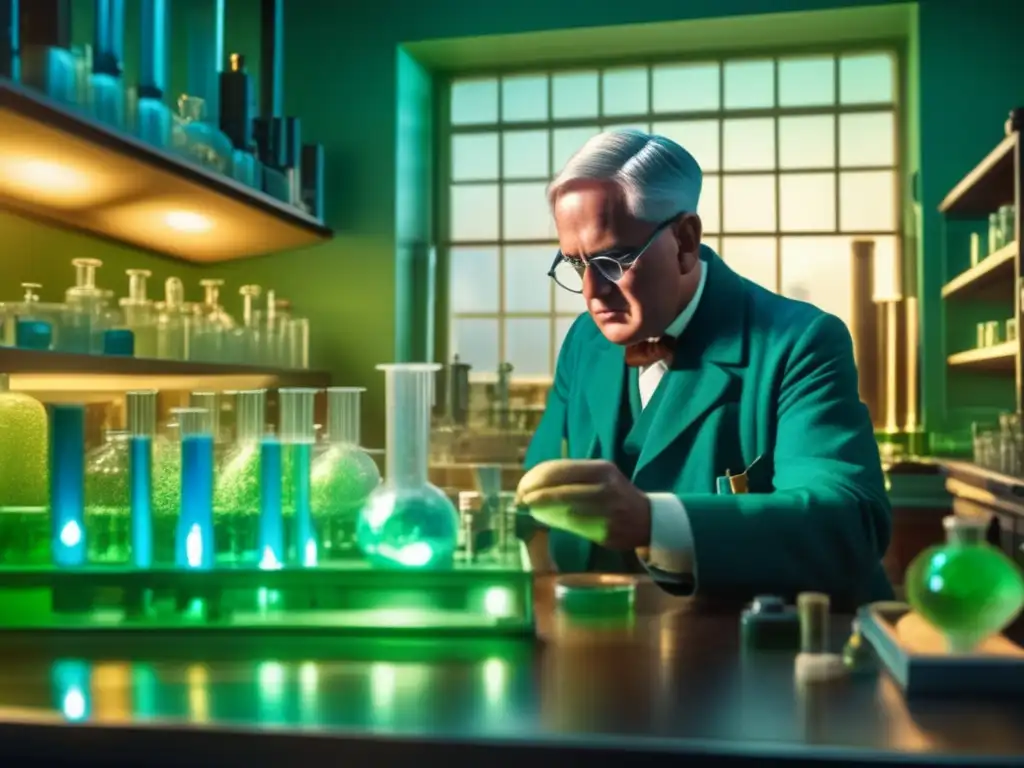 En su laboratorio, Alexander Fleming examina una placa de moho con concentración