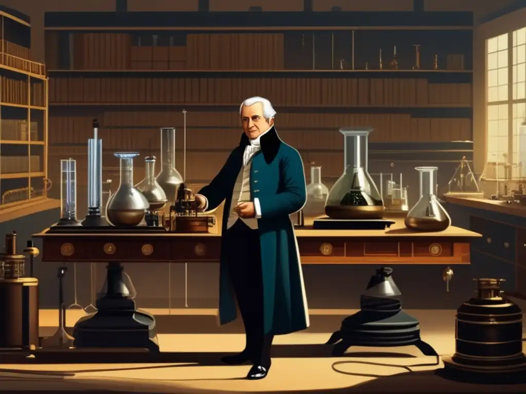 Alessandro Volta en su laboratorio, creando la primera batería eléctrica