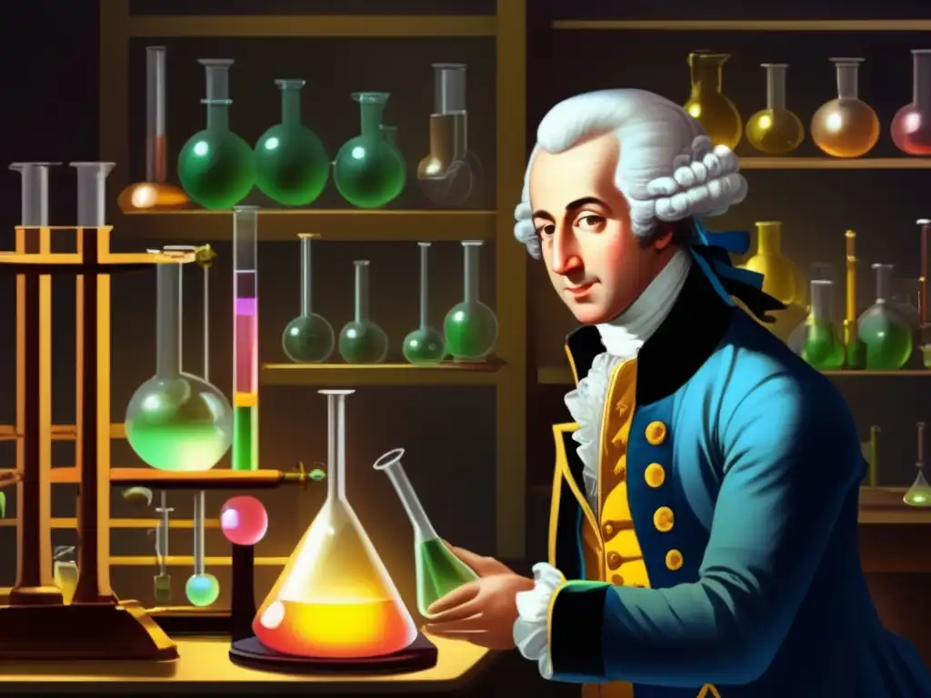 En el laboratorio, Antoine Lavoisier investiga las propiedades del oxígeno con precisión