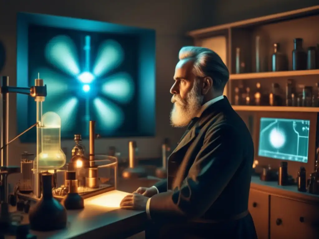 En el laboratorio, Wilhelm Röntgen descubre los rayos X, concentrado ante la pantalla iluminada