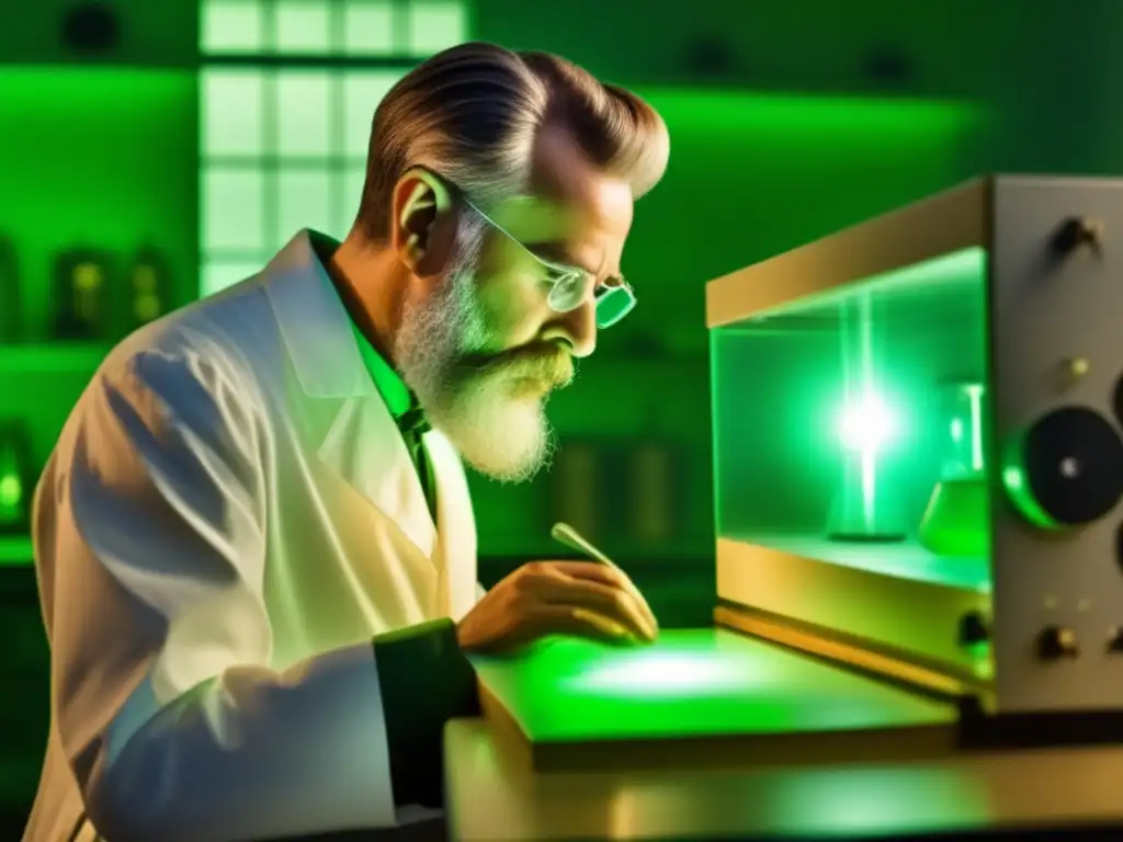 En el laboratorio de Wilhelm Röntgen, descubrimiento rayos X, su rostro iluminado refleja asombro y concentración ante placas de rayos X