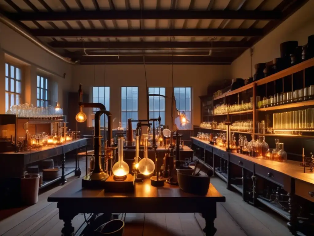 En el laboratorio de Michael Faraday, repleto de equipo científico vintage, con Faraday inmerso en un experimento