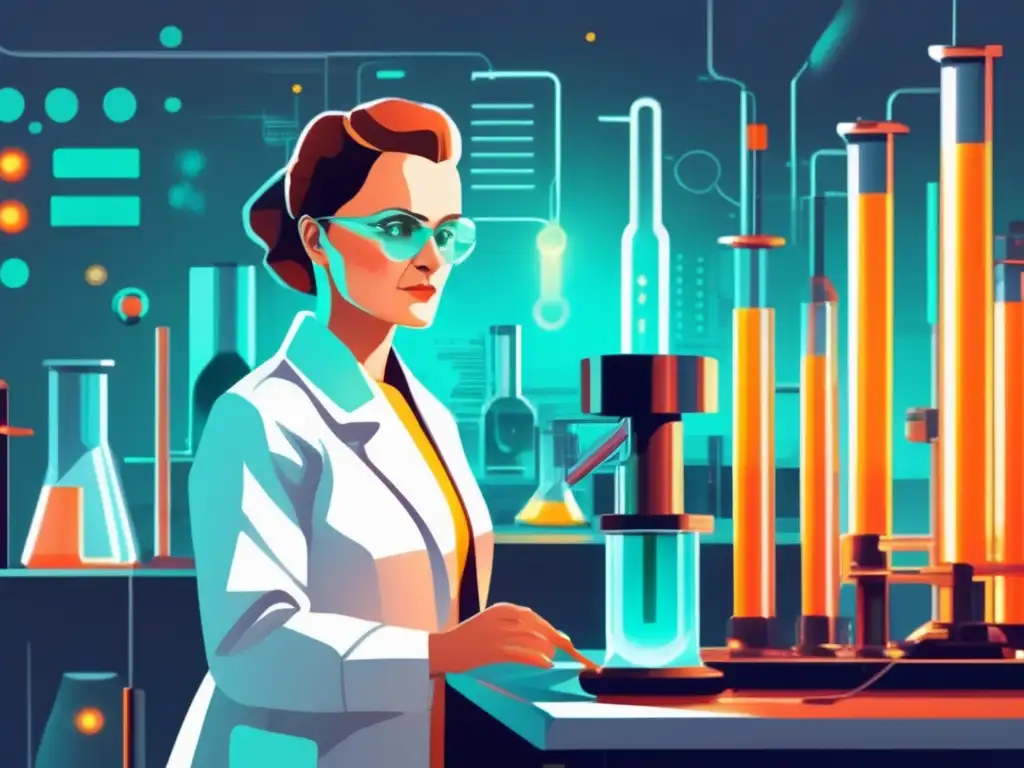 Marie Curie trabajando en su laboratorio, rodeada de equipamiento científico