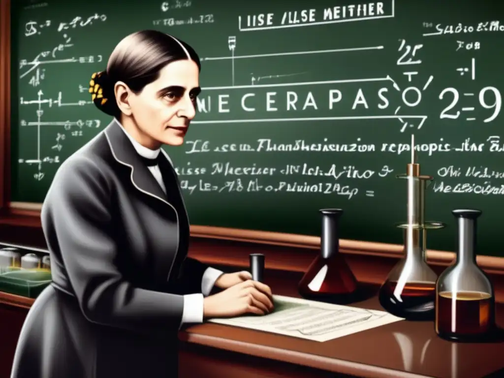 Lise Meitner, física del átomo, se concentra en su laboratorio, rodeada de equipo científico y escribiendo ecuaciones en la pizarra