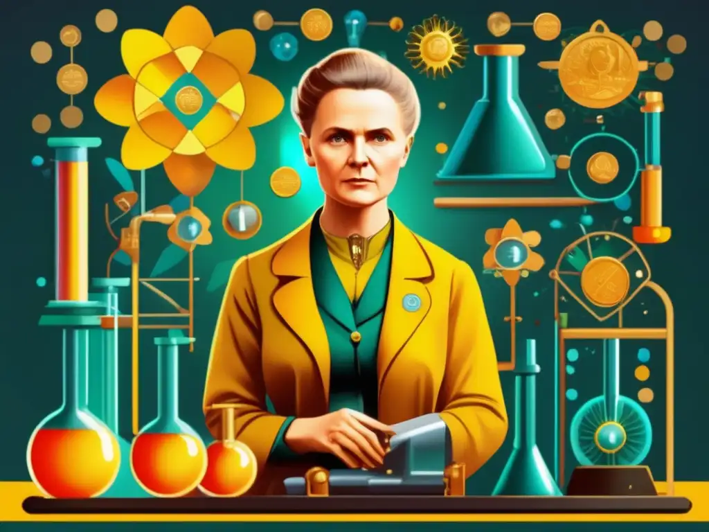 Marie Curie en su laboratorio, rodeada de equipo científico, medallas Nobel y una expresión determinada