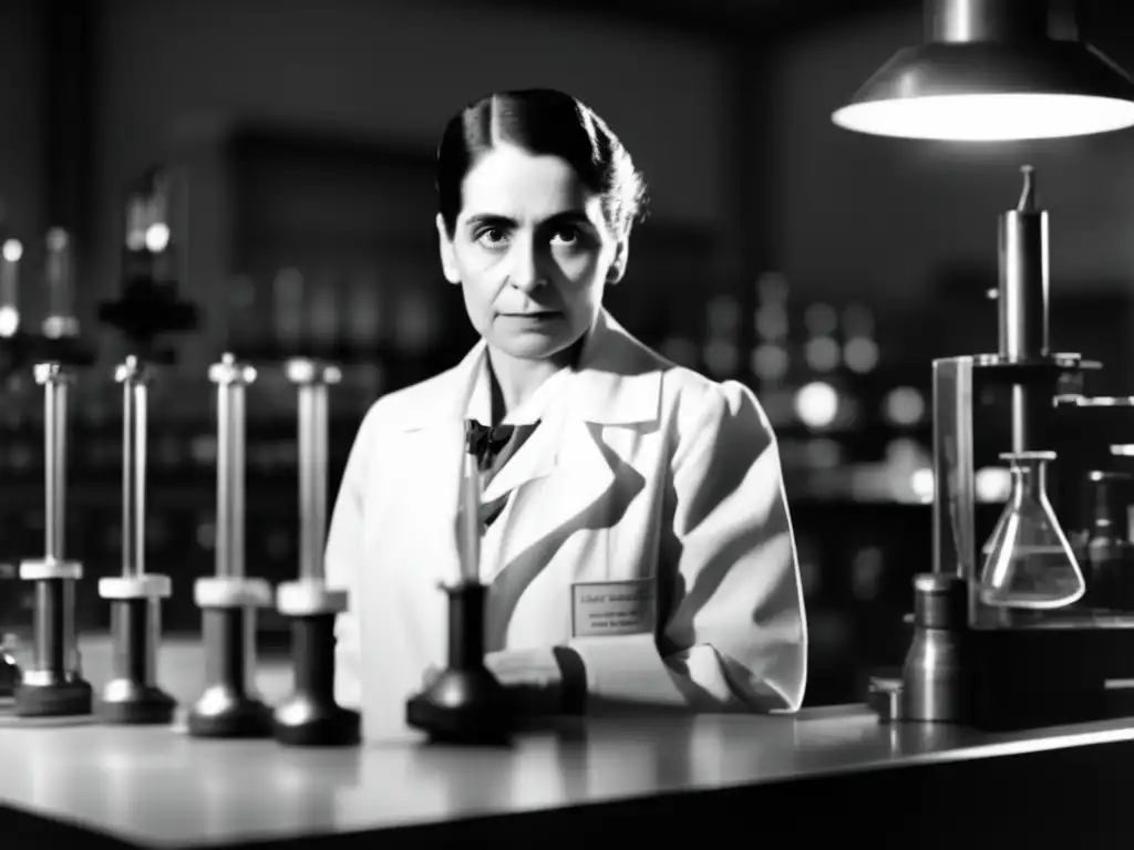 Lise Meitner, física átomo Nobel, en laboratorio con determinación, rodeada de equipo científico, sosteniendo uranio