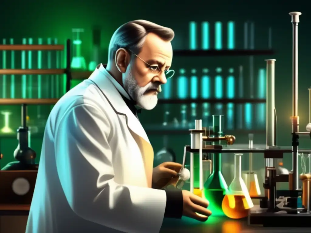 Louis Pasteur trabajando en su laboratorio, rodeado de equipo científico y probetas
