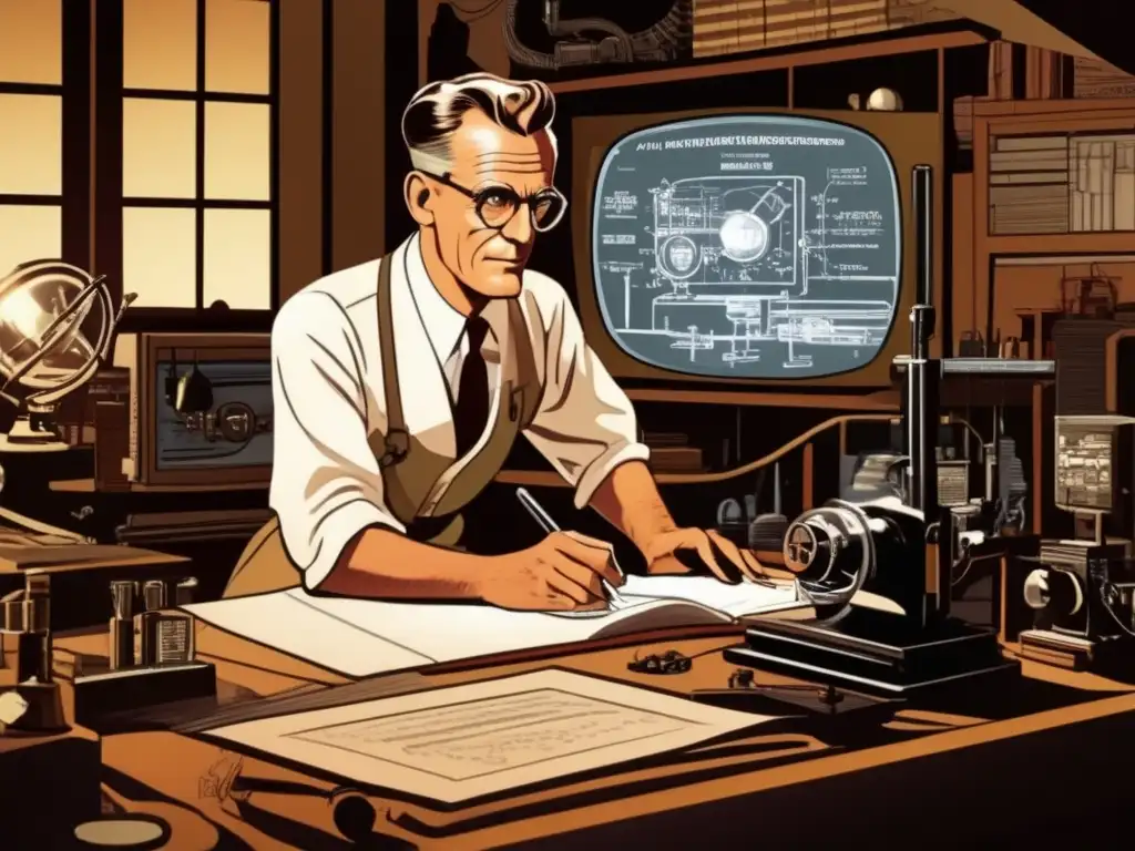 En el laboratorio de Philo Farnsworth, rodeado de equipos de televisión vintage, dibuja bocetos para su innovadora invención