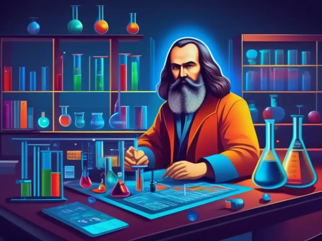 Dmitri Mendeléyev en su laboratorio rodeado de equipos científicos y la tabla periódica, con colores vibrantes y un estilo moderno que destaca su significativo trabajo en la historia de la tabla periódica