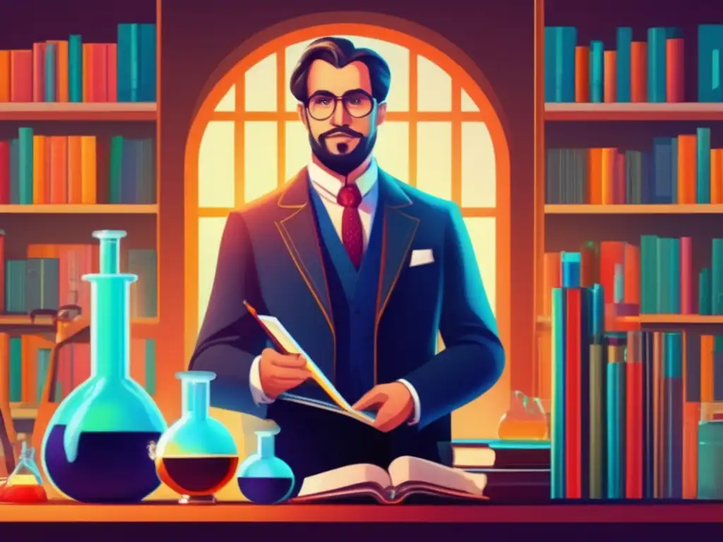 En la ilustración, vemos a Dimitri Mendeléiev en un laboratorio, rodeado de libros, instrumentos científicos y líquidos de colores