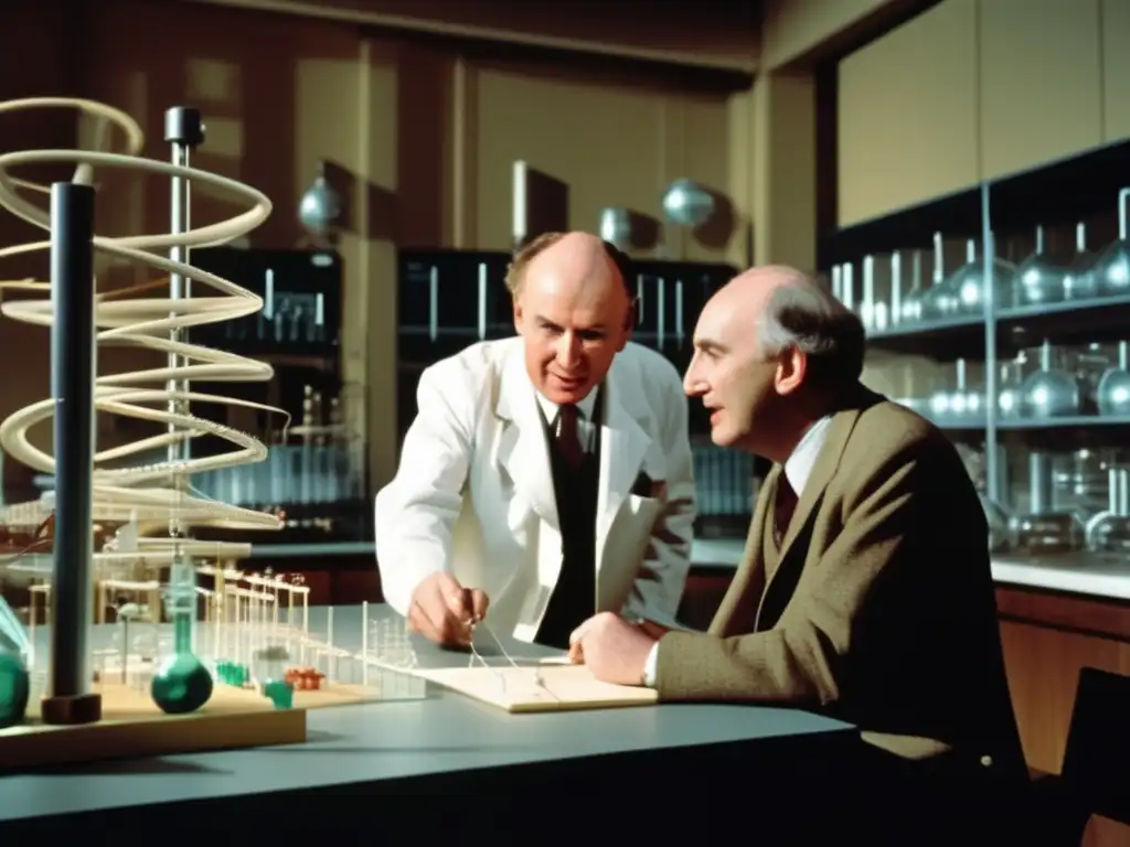 En el laboratorio, Watson y Crick discuten animadamente, rodeados de equipamiento científico y modelos de ADN