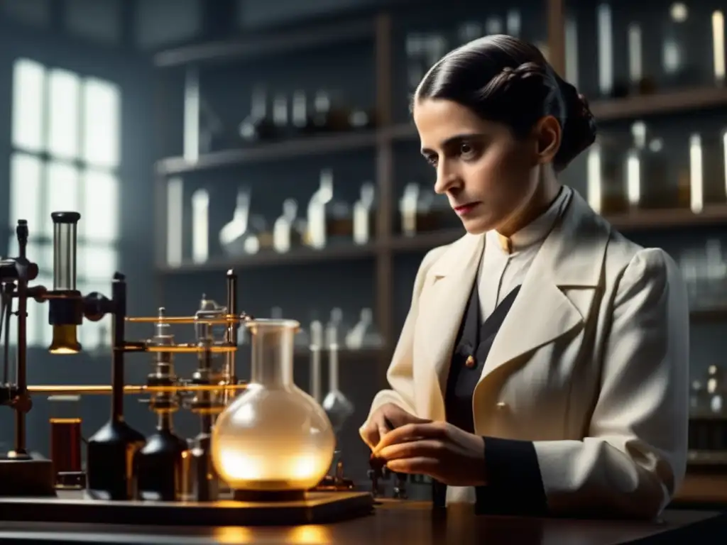 En el laboratorio del siglo XX, Lise Meitner realiza experimentos de fisión nuclear con determinación, rodeada de equipos científicos
