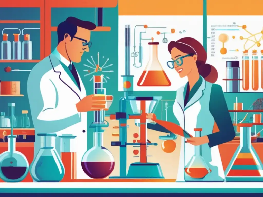 En un laboratorio sofisticado, Gerty Cori y su esposo realizan experimentos sobre el metabolismo de carbohidratos