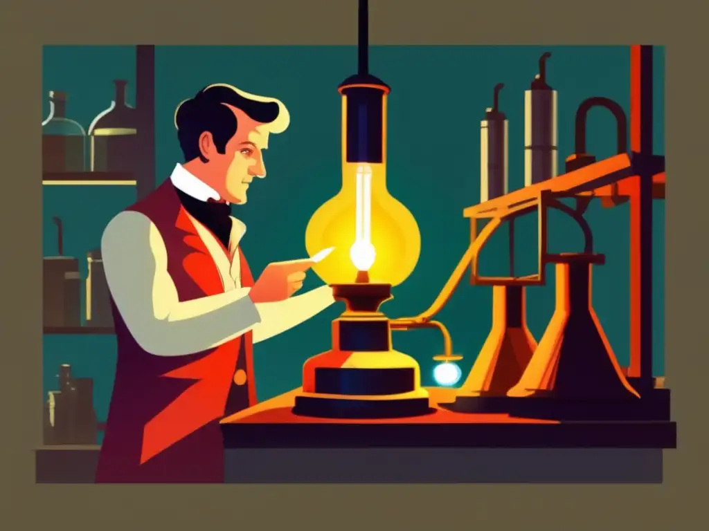 En un laboratorio tenue, Humphry Davy sostiene la lámpara de seguridad minera con determinación y asombro