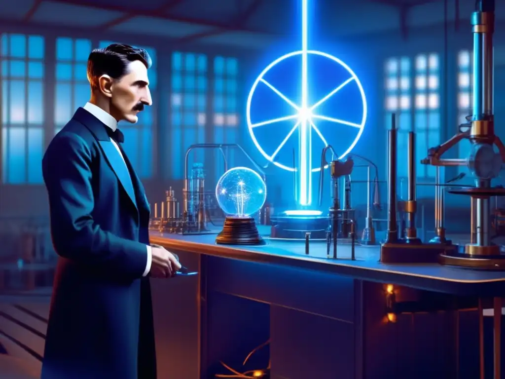 En el laboratorio, Nikola Tesla con traje moderno, rodeado de equipo eléctrico futurista, trabajando en una innovación