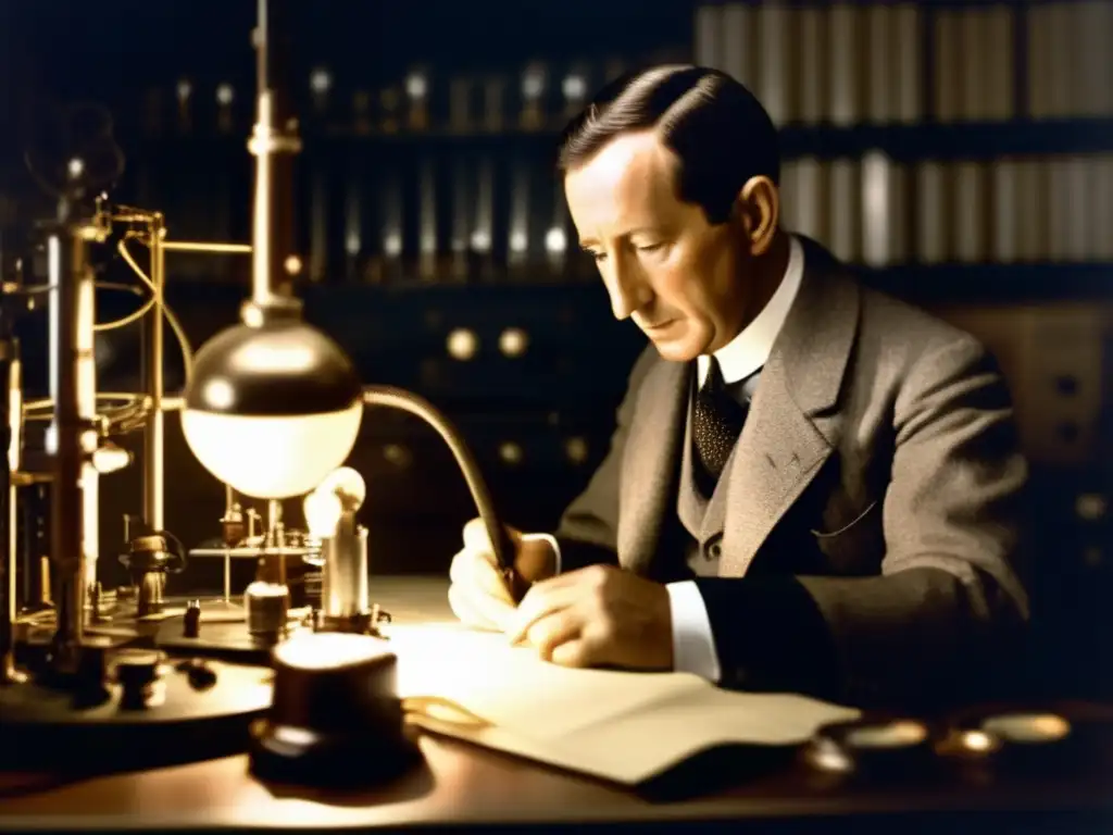 En su laboratorio, Guglielmo Marconi ajusta un transmisor de radio con expresión determinada