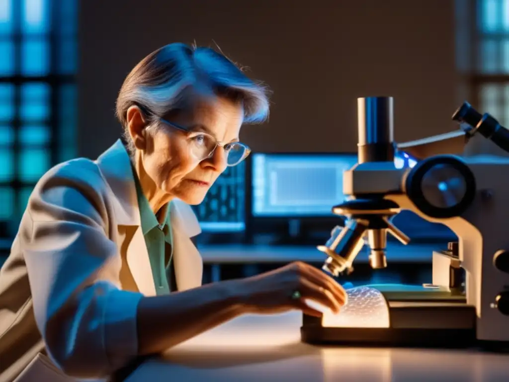 En su laboratorio, Barbara McClintock examina un transposón bajo un potente microscopio, rodeada de mapas genéticos y equipamiento de investigación