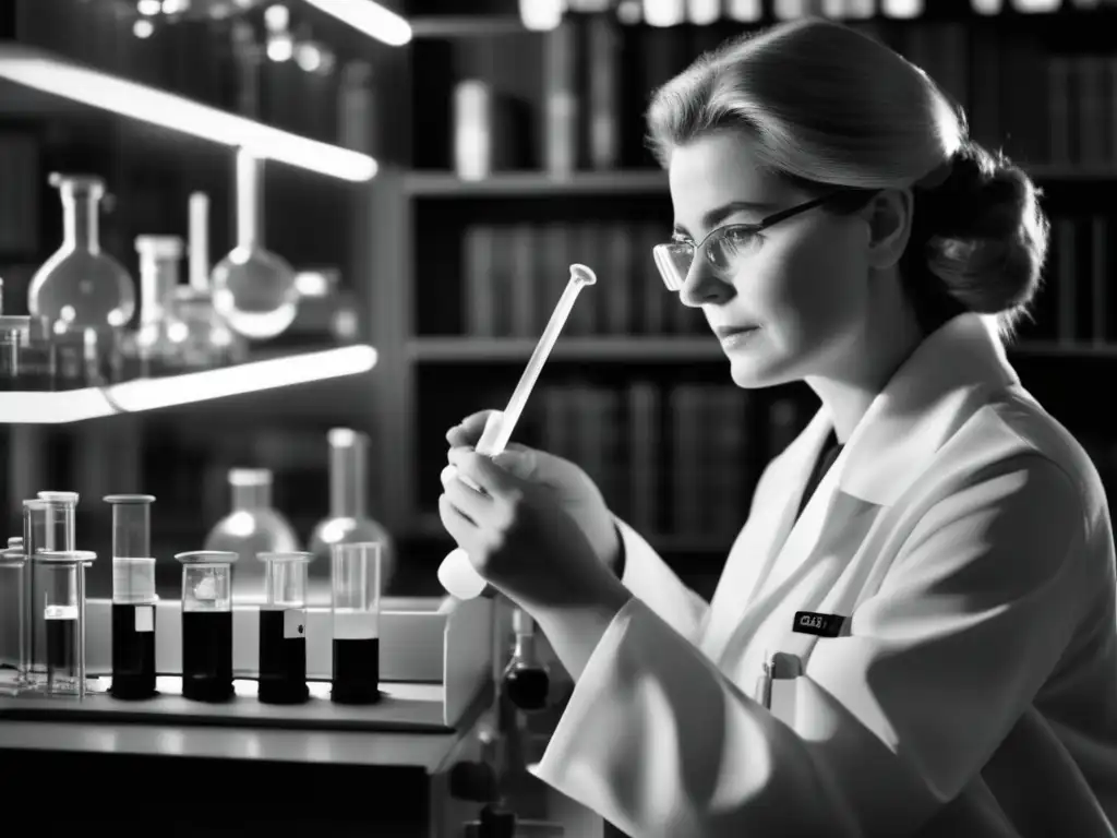 Gerty Cori Nobel, científica en su laboratorio, inspira con su trayectoria mientras examina un tubo de ensayo rodeada de instrumentos científicos