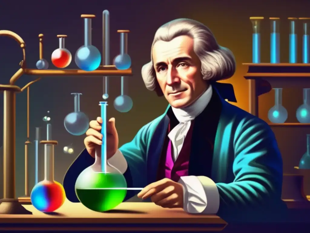 En el laboratorio, Joseph Priestley sostiene un tubo de ensayo con líquido burbujeante, rodeado de equipo científico