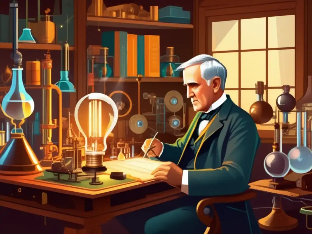 En un laboratorio vibrante, Thomas Edison trabaja rodeado de sus inventos importantes