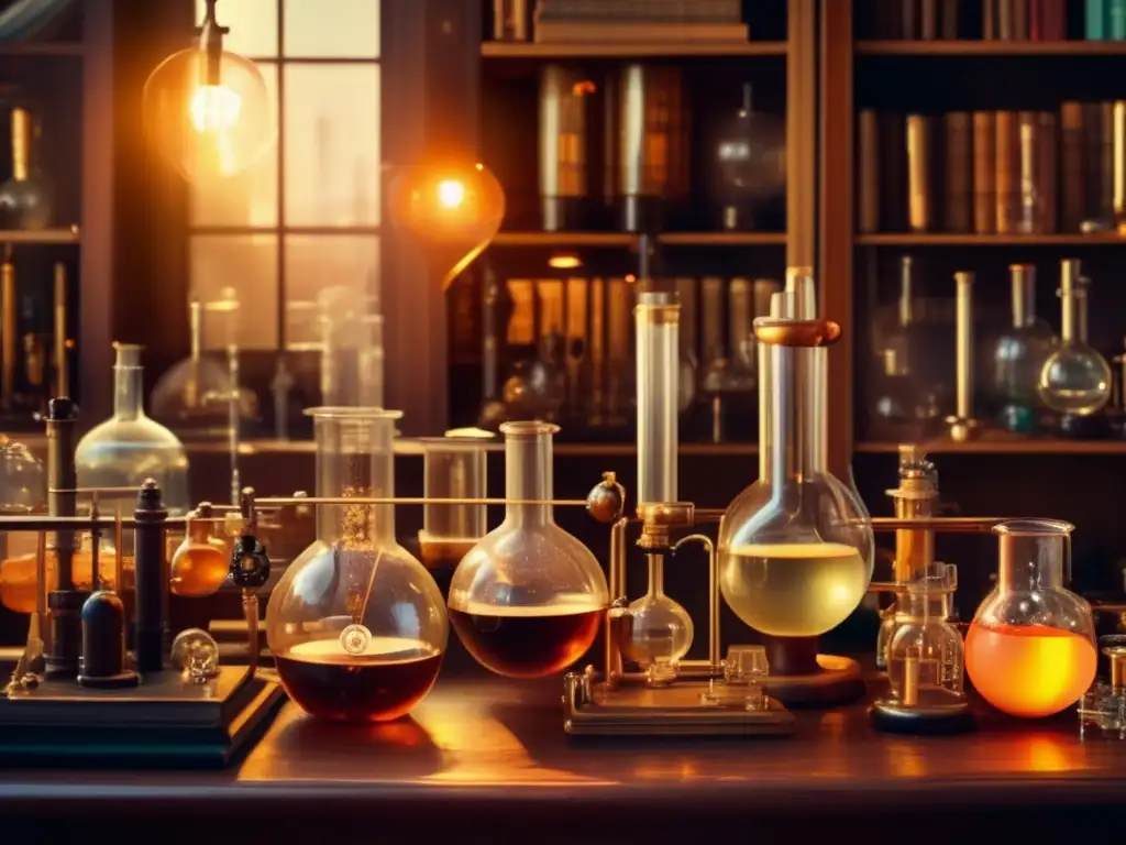 Un laboratorio vintage iluminado por una cálida luz dorada