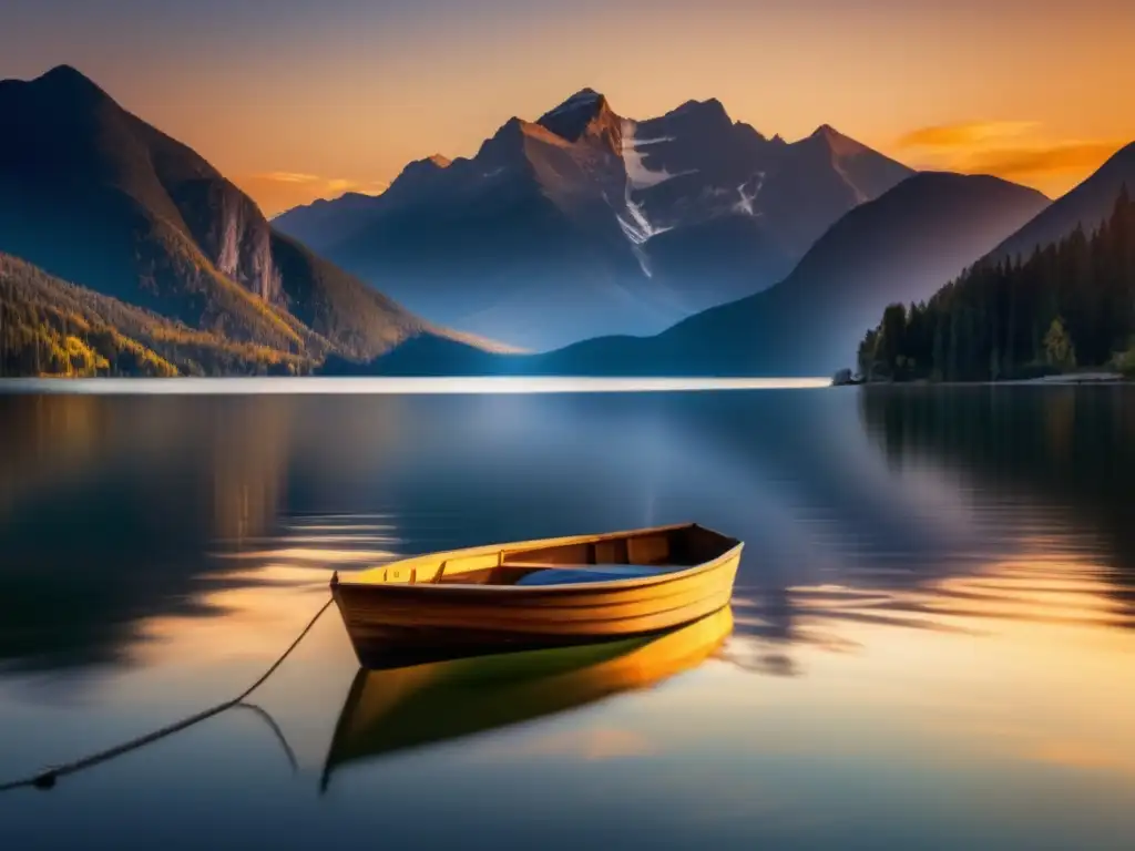 Un lago sereno rodeado de altas montañas al atardecer, con un bote flotando pacíficamente en el agua