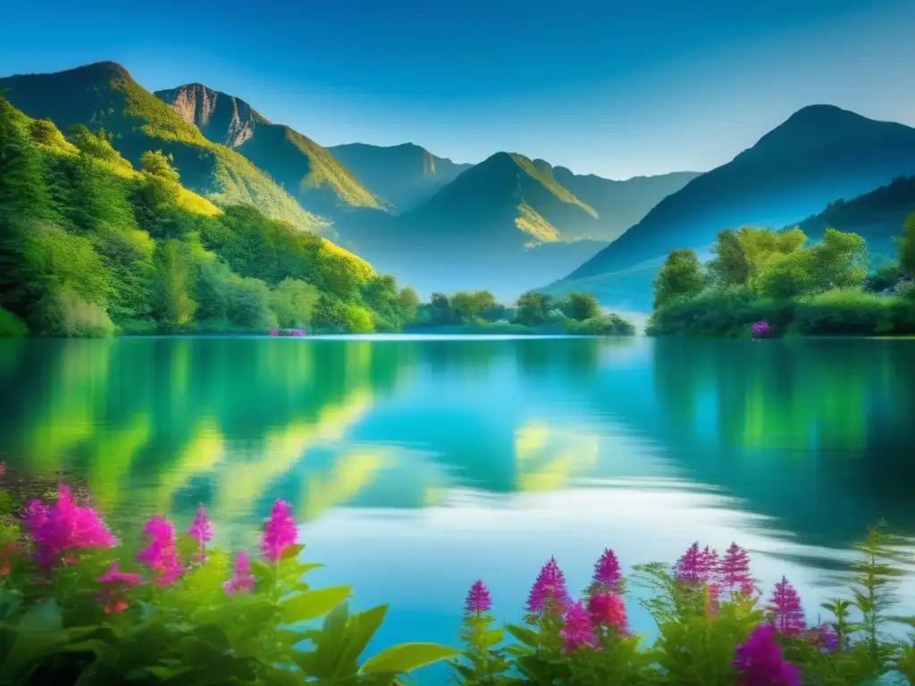 Un lago tranquilo rodeado de exuberante vegetación y montañas al fondo refleja el cielo azul, creando un efecto espejo