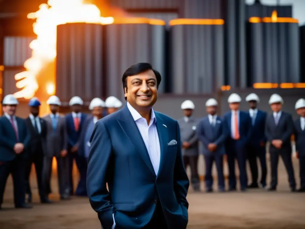 Lakshmi Mittal, líder de la industria del acero, supervisa la producción en una moderna fábrica, rodeado de ingenieros y trabajadores
