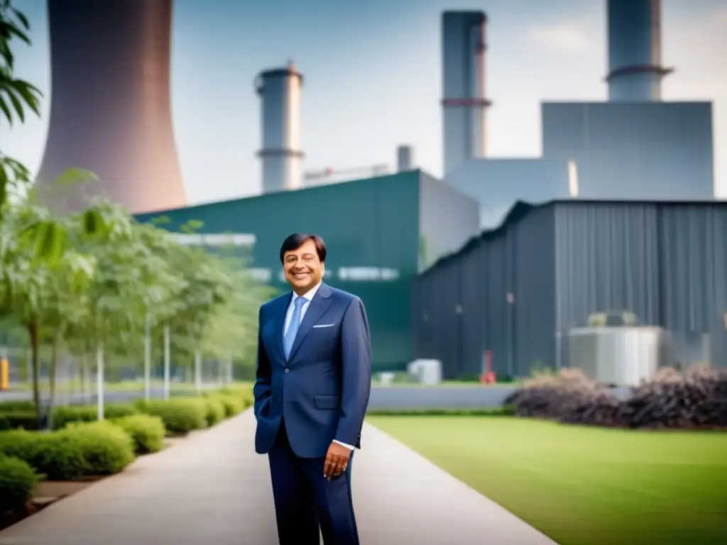 Lakshmi Mittal, líder visionario de la industria del acero, supervisa una moderna fábrica, simbolizando innovación y sostenibilidad