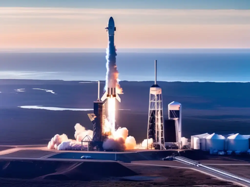 Un lanzamiento de SpaceX con el cohete Falcon listo para despegar, ingenieros haciendo chequeos finales